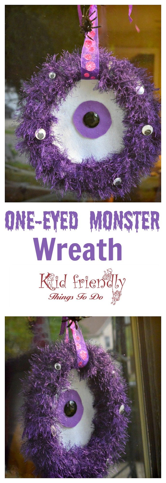 A DIY One-eyed Monster Wreath for Halloween - easy to make and so cute as a Halloween decoration - www.kidfriendlythingstodo.com