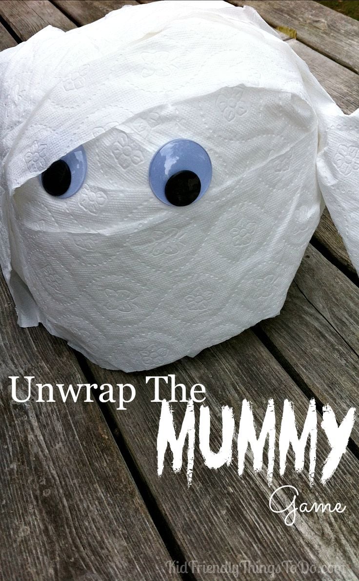 Unwrap the Mummy Game! Perfect for Preschool or Elementary School Halloween parties, or Hotel Transylvania Birthday Parties. You won't believe how easy this is, and how much the kids love unwrapping the toilet paper to find cute prizes! 