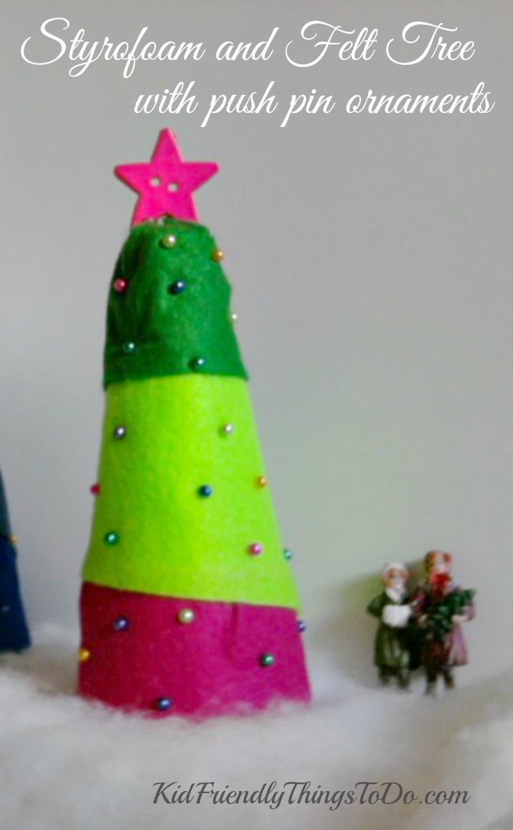 Easy Peasy Christmas Craft for kids! - Styrofoam Christmas tree with push pin ornaments - KidFriendlyThingsToDo.com