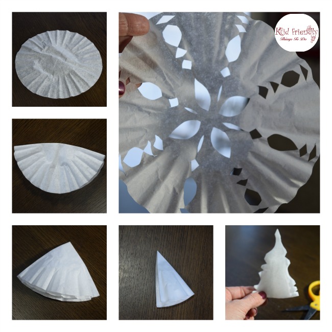 Great winter craft. These are easy to make with the kids! How to make a coffee filter snowflake. Fun to do on a snow day! www.kidfriendlythingstodo.com