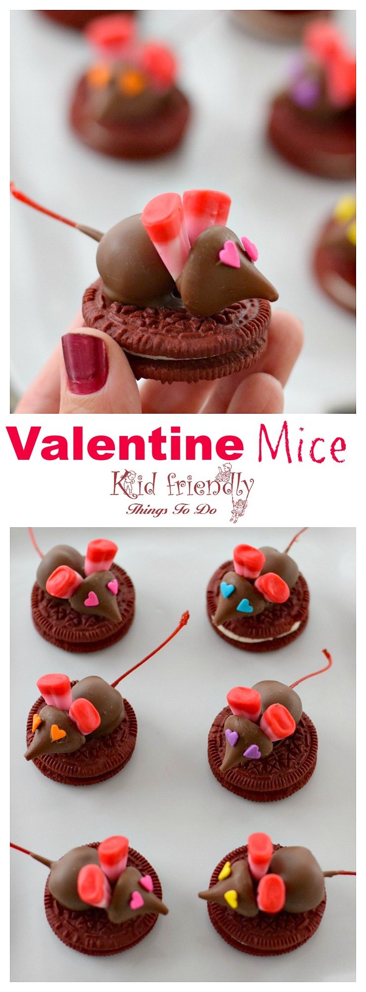 Chocolate Covered Cherry Valentine Mice On A Red Velvet Oreo Cookie for a kids fun food treat - great for parties www.kidfriendlythingstodo.com