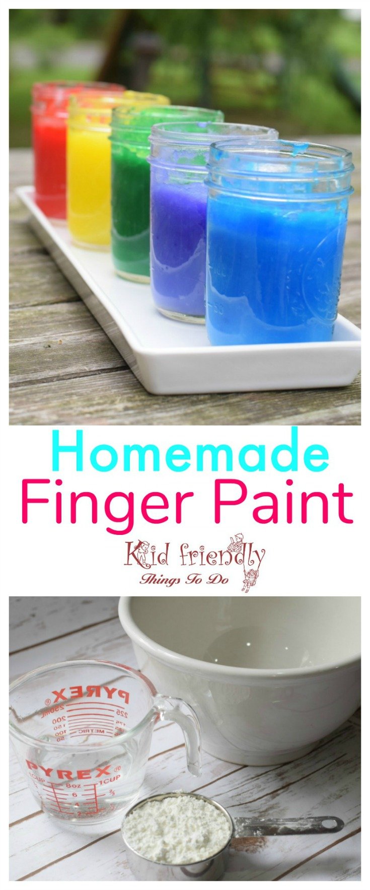 Easy DIY Homemade Finger Paints for kids to have fun with. Perfect craft recipe for summer fun, boredom buster, winter craft, or anytime at all! www.kidfriendlythingstodo.com
