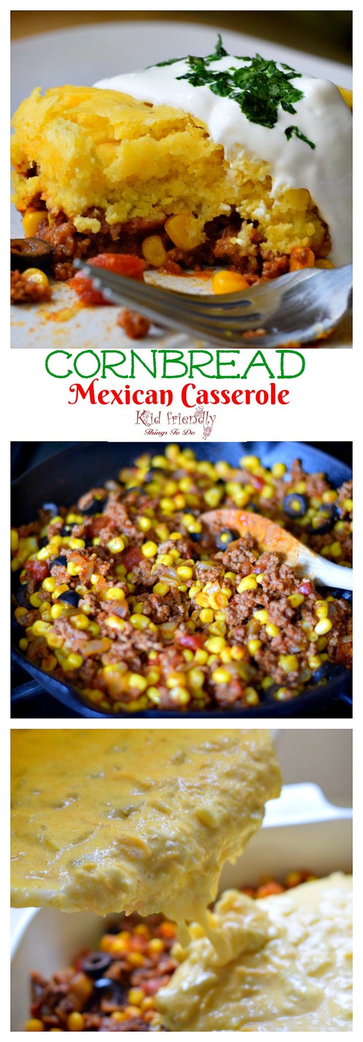 Cornbread and Ground Beef Mexican Casserole Recipe - easy and delicious. Perfect for Cinco De Mayo or family dinner - www.kidfriendlythingstodo.com