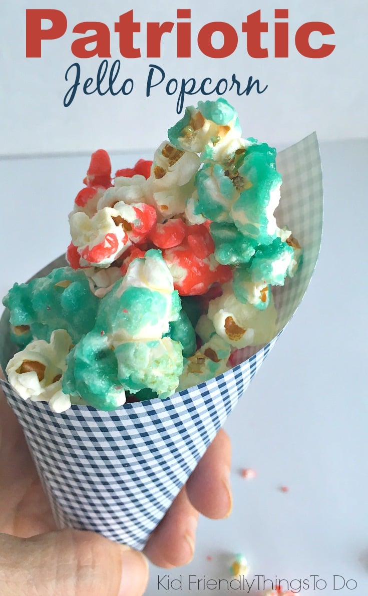 Jello Popcorn is delicious and fun - You can use patriotic colors for Fourth of July, Memorial Day, and Labor Day fun foods - KidFriendlyThingsToDo.com