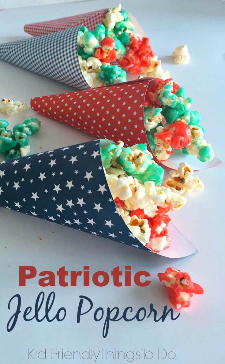 Jello Popcorn is delicious and fun - You can use patriotic colors for Fourth of July, Memorial Day, and Labor Day fun foods - KidFriendlyThingsToDo.com