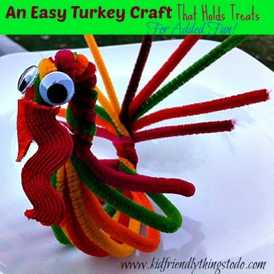 An Adorable and Easy Turkey Craft for Thanksgiving! This Turkey even holds a bag of treats in it's belly! A great Place card holder, Classroom Craft, or Surprise for the Kid's Thanksgiving Table