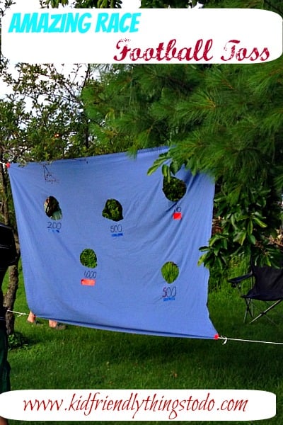 A Football Toss Game made from an old twin bed sheet! This is great for summer picnics, and birthday parties!