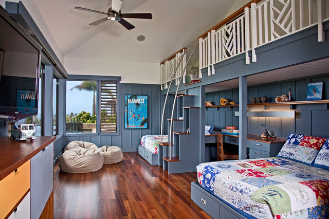 Loft Beds! Very cool way to save floor space in a kids room. I can see this all the way through their teenage years! 