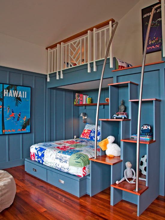 Loft Beds! Very cool way to save floor space in a kids room. I can see this all the way through their teenage years! 