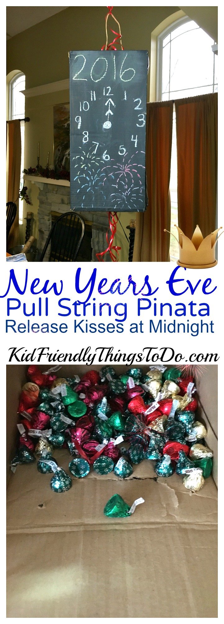 New Years Eve With Kids! DIY Pull String Pinata to release Kisses at Midnight - KidFriendlyThingsToDo.com