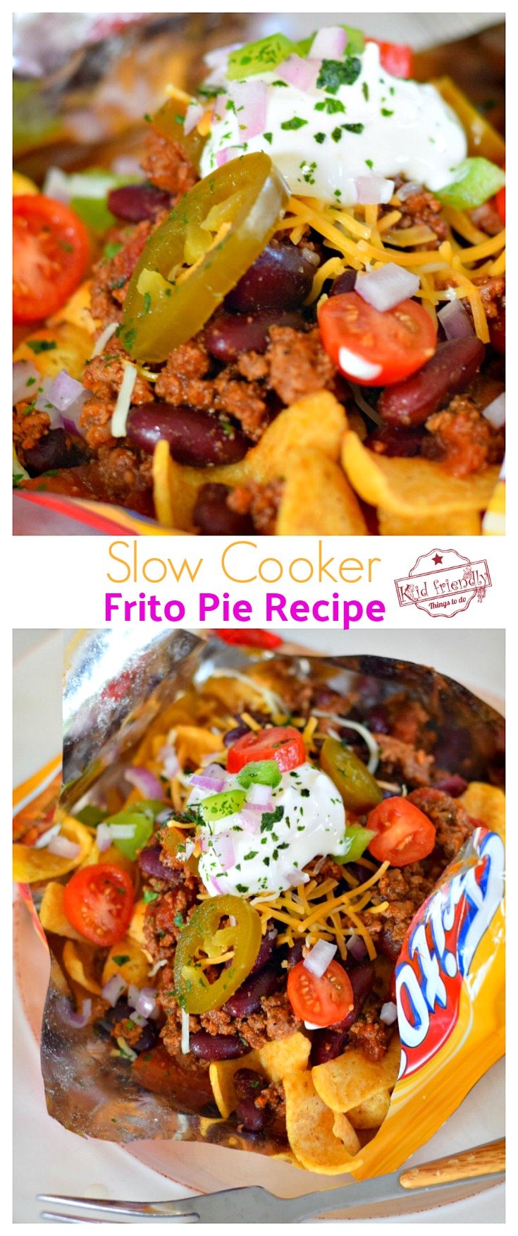 Slow Cooker Frito Pie Recipe with Chili Con Carne - Easy and so delicious. Perfect for game day, tailgating, or family dinner - www.kidfriendlythingstodo.com
