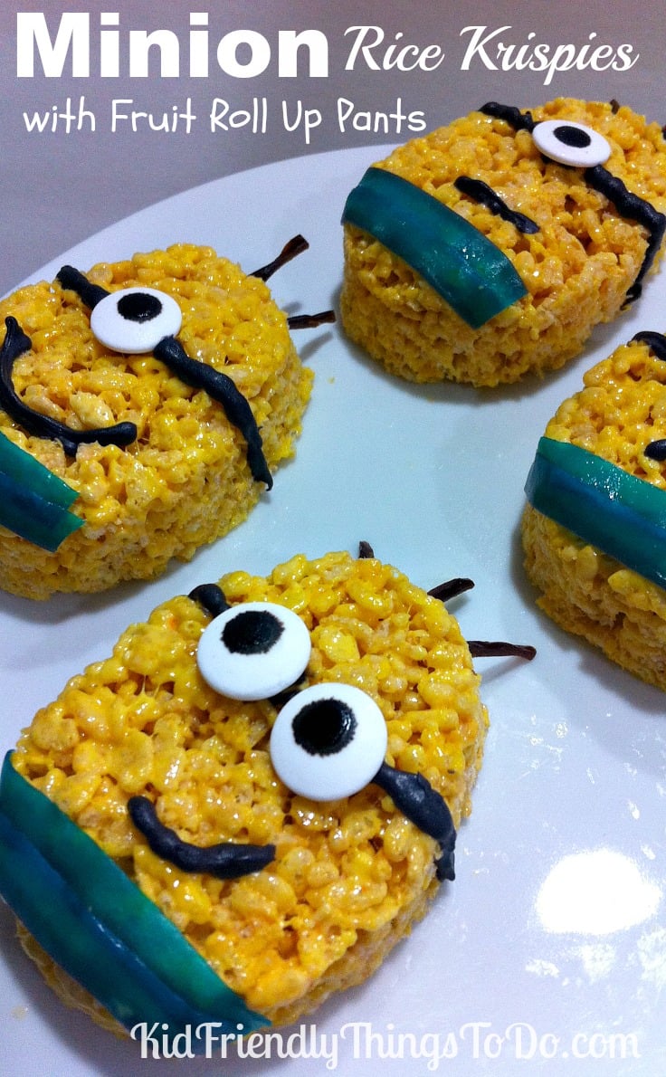 Minion Rice Krispies Treats Fun Food Idea - What a fun idea that all kids at the birthday party will love! The Minions even have fruit roll up pants! Fun!