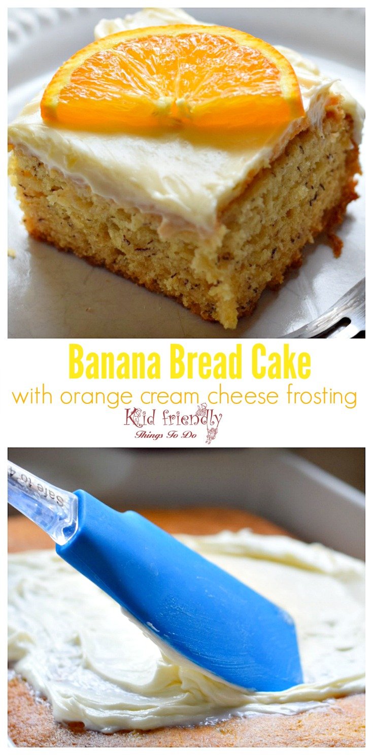 Easy and Moist Banana Bread Bars or Cake with Cream Cheese Frosting Recipe - www.kidfriendlythingstodo.com