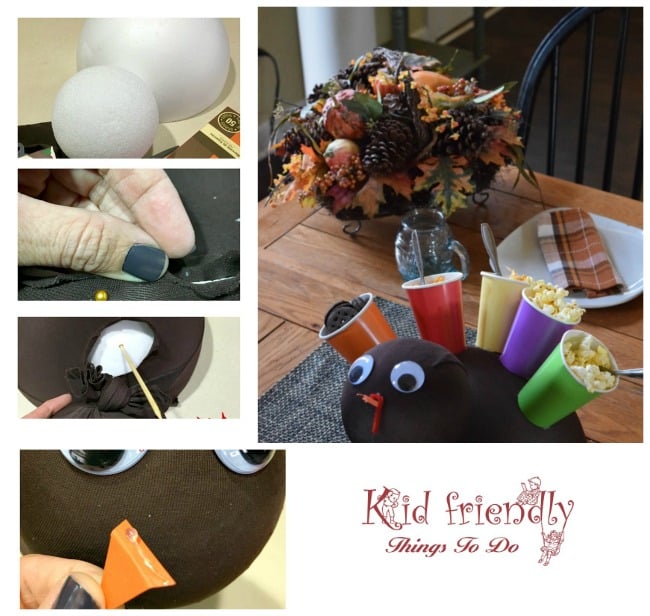 Make a Snack Turkey for the kids at Thanksgiving for an easy and cute table decoration and craft - www.kidfriendlythingstodo.com
