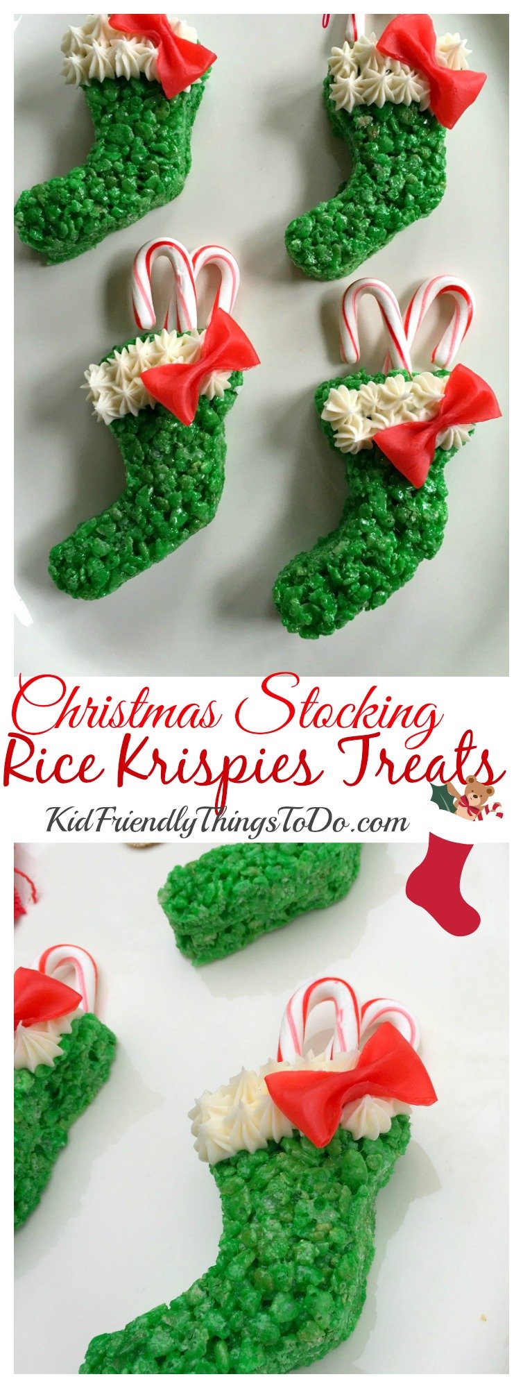 I love these! Christmas Stocking Rice Krispies Treats with easy Fruit Roll Up Bows, stuffed with candy canes! So awesome for a fun food at Christmas! - KidFriendlyThingsToDo.com