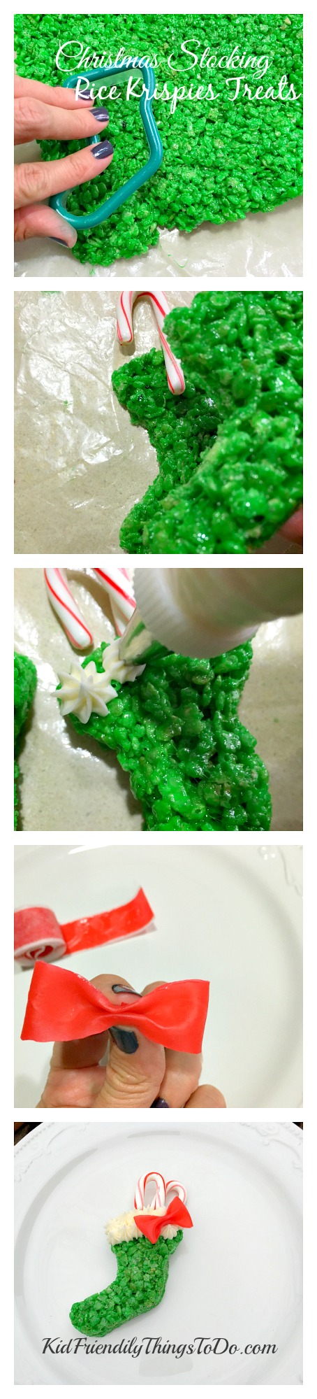 I love these! Christmas Stocking Rice Krispies Treats with easy Fruit Roll Up Bows, stuffed with candy canes! So awesome for a fun food at Christmas! - KidFriendlyThingsToDo.com