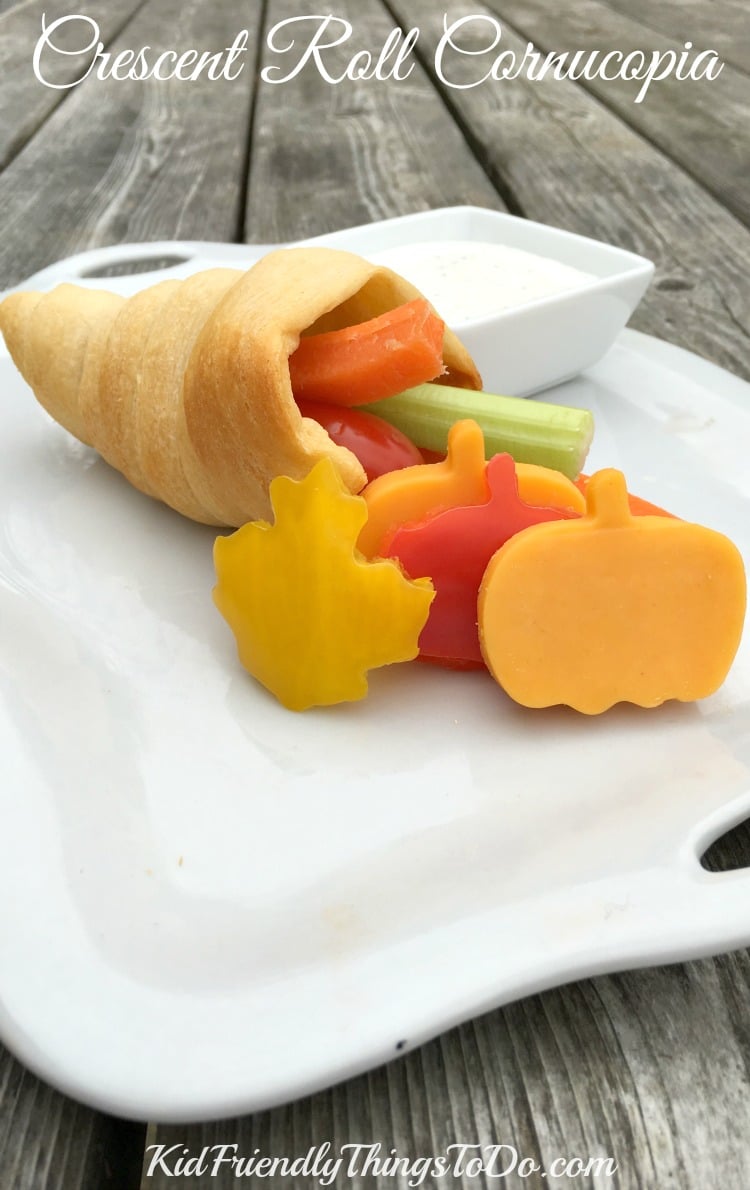 Crescent Roll Cornucopia filled with Vegetables and served with ranch dip! Yum and Fun! - KidFriendlyThingsToDo.com