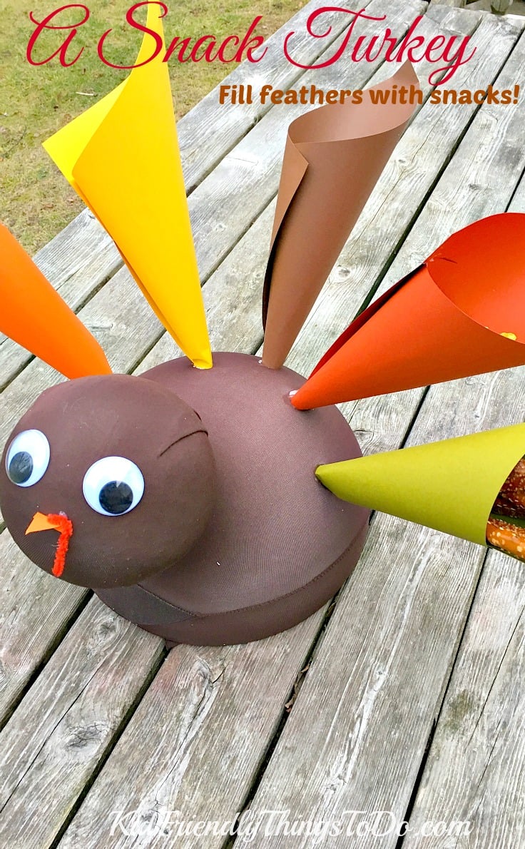 How fun is this? A snack turkey! The kids can fill up on snacks from the card-stock feathers while you make the real turkey! - KidFriendlyThingsToDo.com