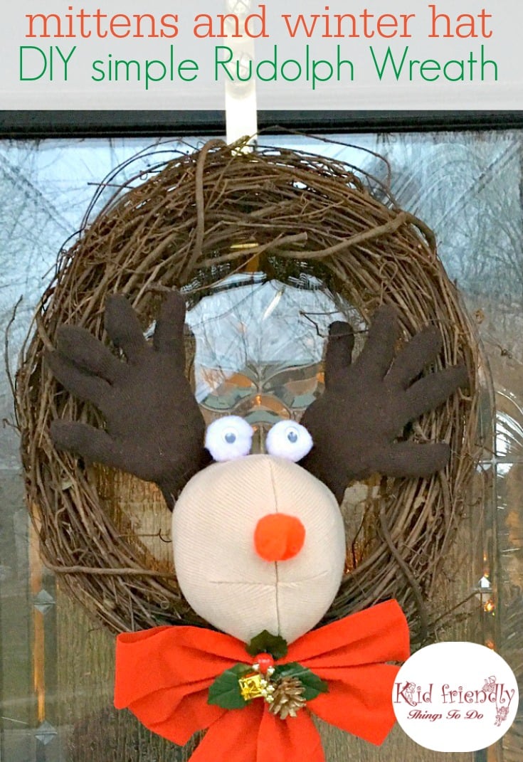 Make a cute Rudolph wreath out of mittens and a winter hat! So easy and adorable. Great craft and Christmas decoration - www.kidfriendlythingstodo.com