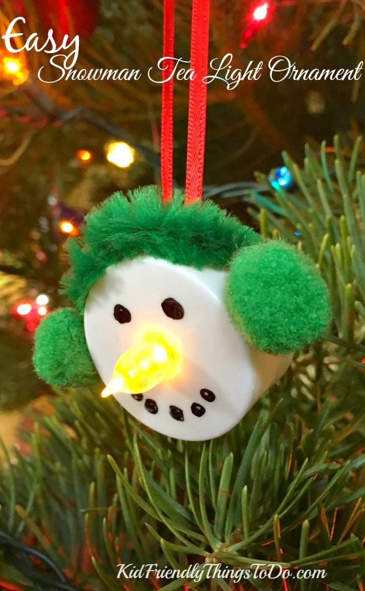 Easy Snowman Tea Light Ornament Craft for the perfect stress free craft with kids! - Great for a classroom party - KidFriendlyThingsToDo.com