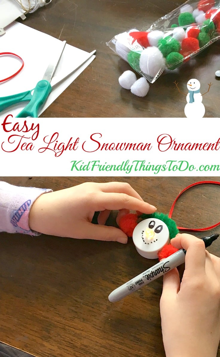 Easy Snowman Tea Light Ornament Craft for the perfect stress free craft with kids! - Great for a classroom party - KidFriendlyThingsToDo.com