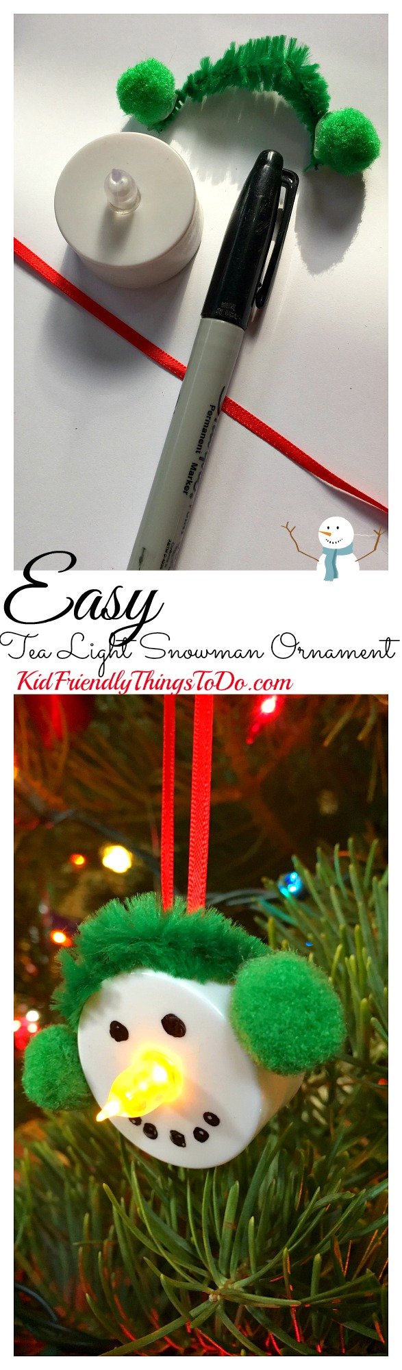 Easy Snowman Tea Light Ornament Craft for the perfect stress free craft with kids! - Great for a classroom party - KidFriendlyThingsToDo.com