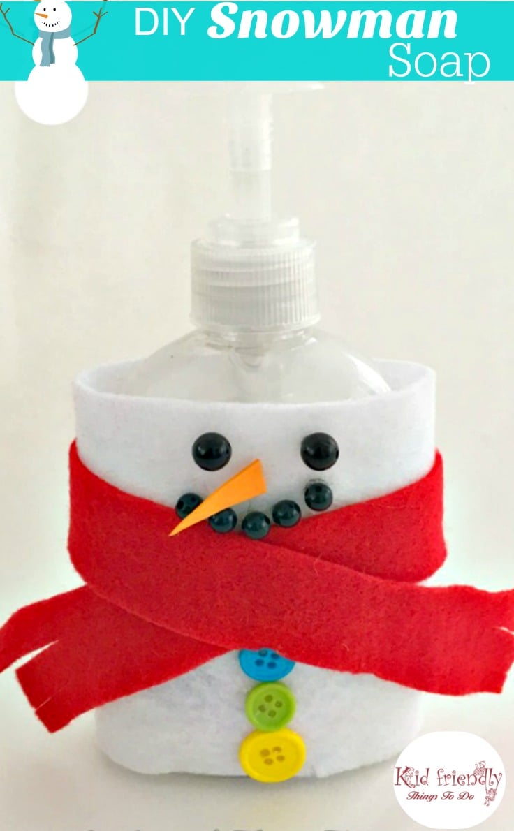 Make a cute snowman out of a Dollar Store Soap Dispenser for Christmas and Winter fun! Great craft for kids, and preschool! www.kidfriendlythingstodo.com