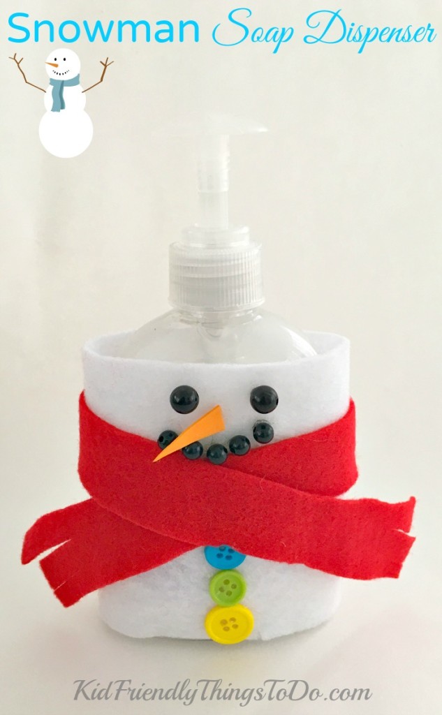 DIY Snowman Soap Dispenser Craft. This is so easy to make, and adds so much fun to the kid's bathroom. KidFriendlyThingsToDo.com