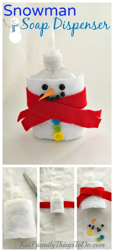 DIY Snowman Soap Dispenser Craft. This is so easy to make, and adds so much fun to the kid's bathroom. KidFriendlyThingsToDo.com