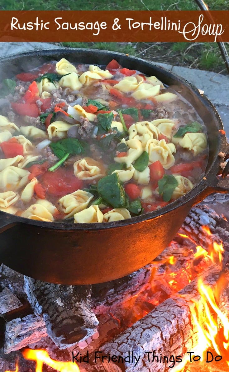 Rustic Sausage and Cheese Tortellini Soup. Perfect for the campfire or cold nights! KidFriendlyThingsToDo.com