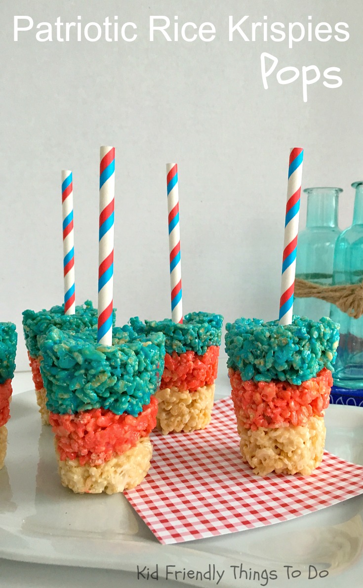 Patriotic Rice Krispies Treat Pops on a Stick - Easy & Perfect for summer picnics, Fourth of July, Memorial Day and Labor Day - KidFriendlyThingsToDo.com