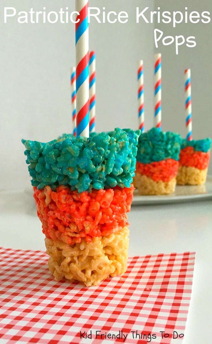 Patriotic Rice Krispies Treat Pops on a Stick - Easy & Perfect for summer picnics, Fourth of July, Memorial Day and Labor Day - KidFriendlyThingsToDo.com