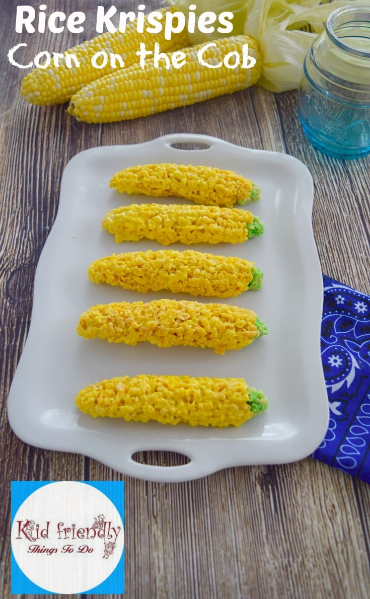 Corn on the Cob Rice Krispies Treats Fun Food for Summer! For a family picnic, Memorial Day, Labor Day and Fourth of July! Kidac FriendlyThingsToDo.com