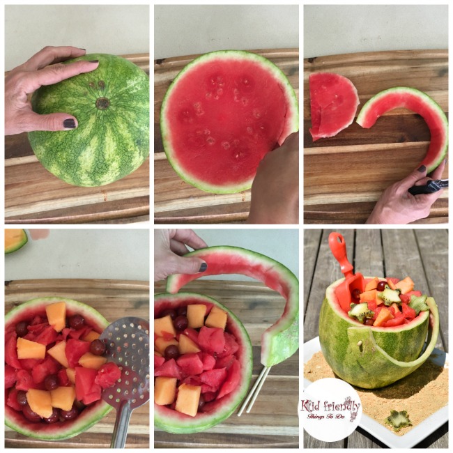 What a fun and simple idea for fruit salad! This shovel and pail watermelon is perfect for holidays, summer picnics, and Ocean birthday parties like Finding Dory or whatever! KidFriendlyThingsToDo.com