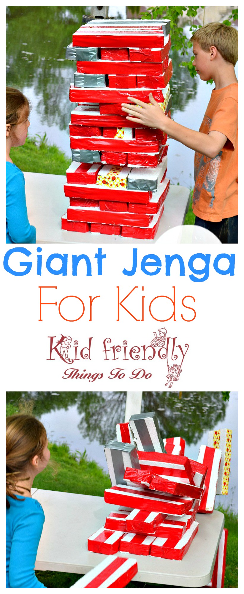 Giant Jenga for Kids. Great outdoor summer party game for the kids. Perfect for school parties or family fun! Easy DIY - www.kidfriendlythingstodo.com