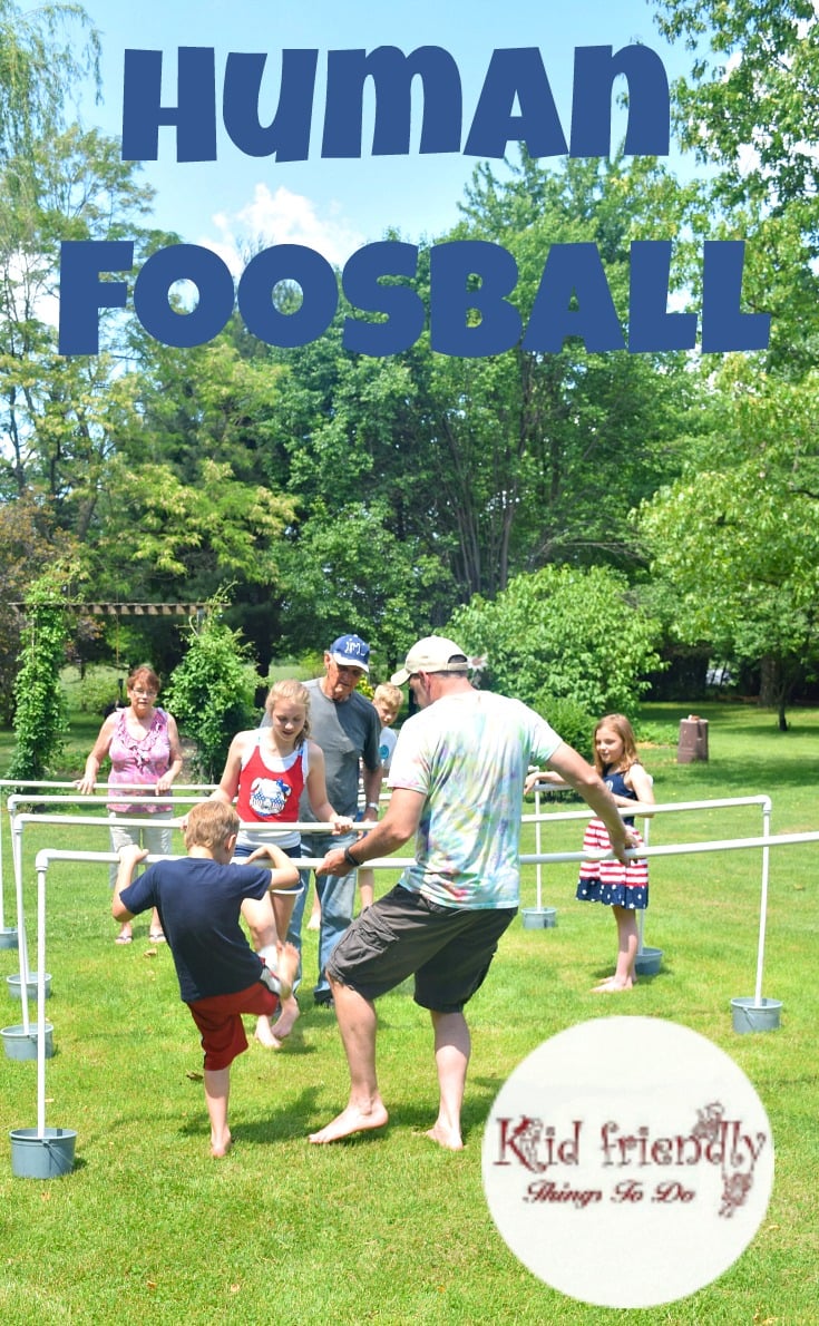 DIY Human Foosball Game for Family Fun - The best! Make with PVC pipes you can take apart & store for backyard fun when you want it! KidFriendlyThingsToDo.com