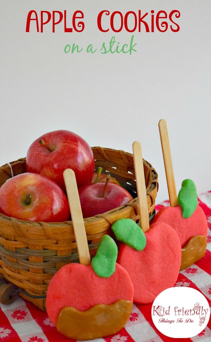 Adorable caramel apple sugar cookie recipe for a kid friendly apple fun food! Great fall activity and great for parties! www.kidfriendlythingstodo.com