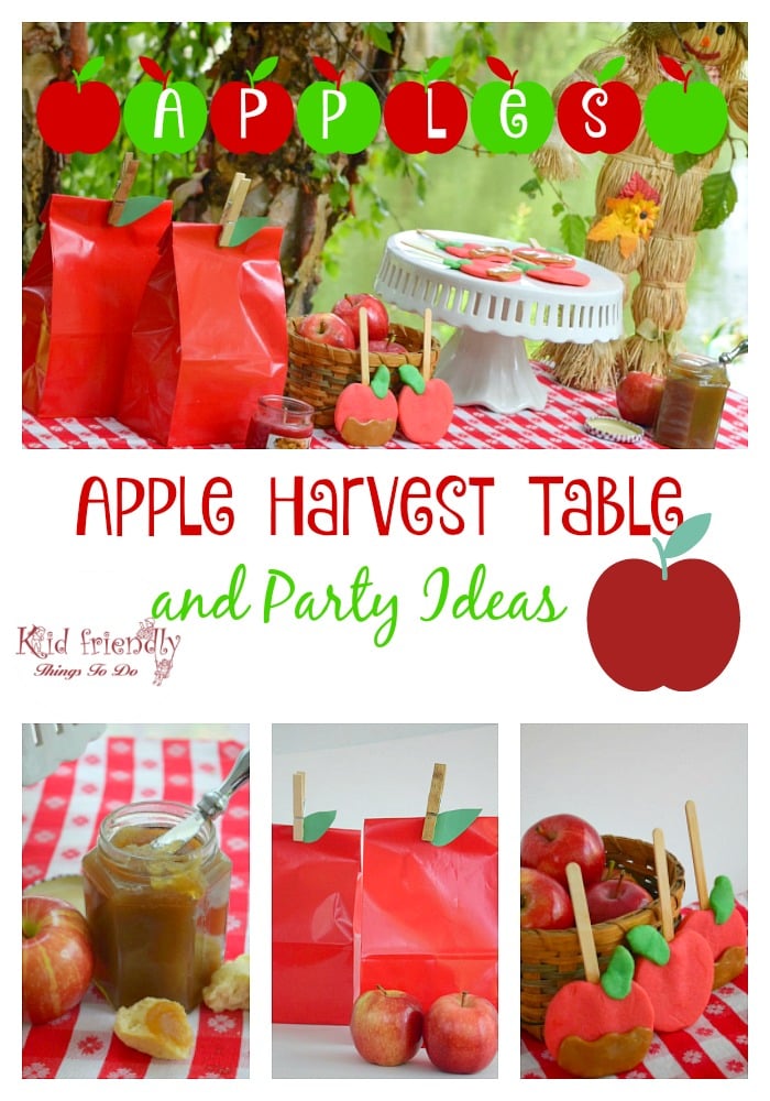Fall Apple Harvest Party table and ideas for fun food for kids, apple craft, apple butter and the best apple game for kids and adults! - www.kidfriendlythingstodo.com