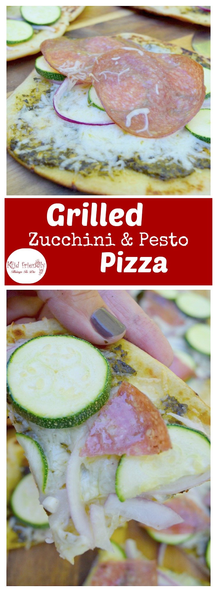 Grilled Pesto Zucchini and Salami Naan Bread Pizza Recipe - Delicious and so easy to make. Perfect for appetizers or a meal! www.kidfriendlythingstodo.com