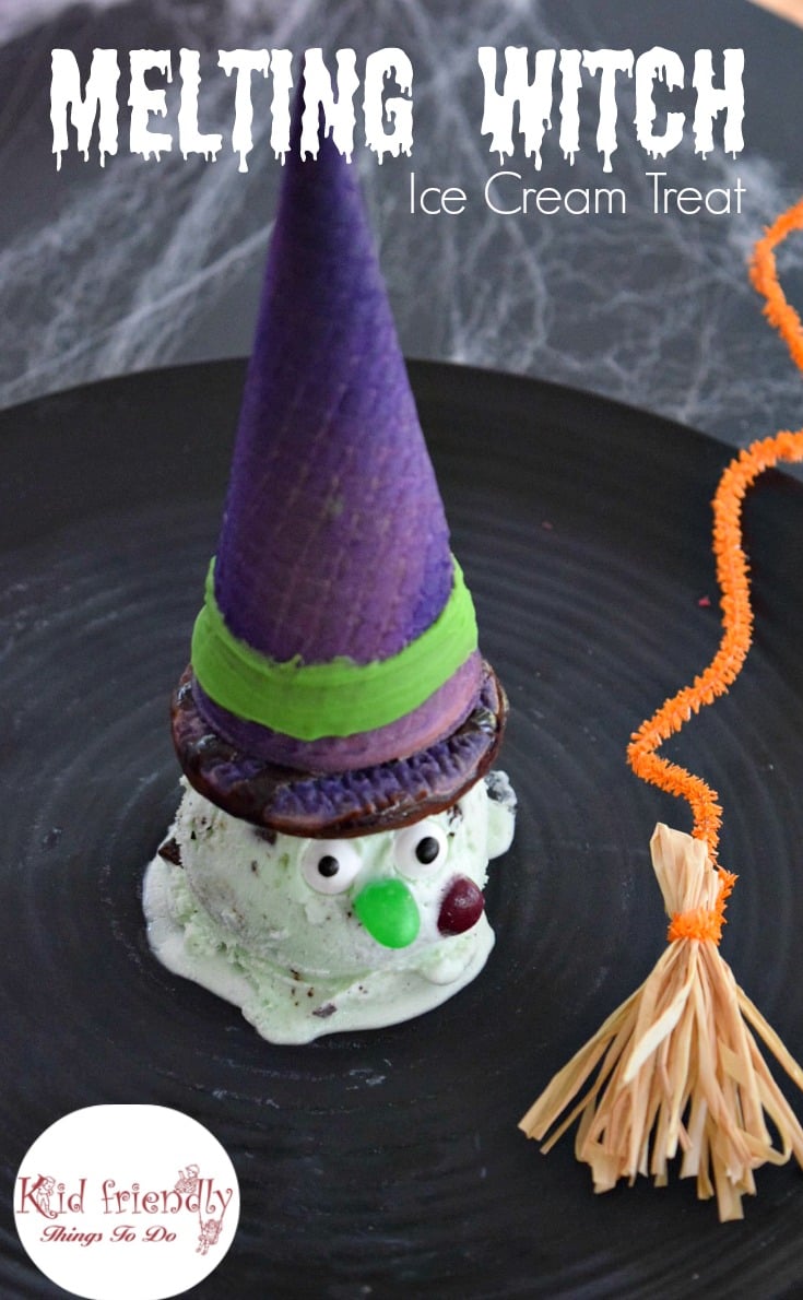 Melting Witch Ice Cream Treat For Kids on Halloween - Such a fun and simple to make Halloween Snack! A Perfect fun food treat or dessert for those Halloween parties! www.kidfriendlythingstodo.com