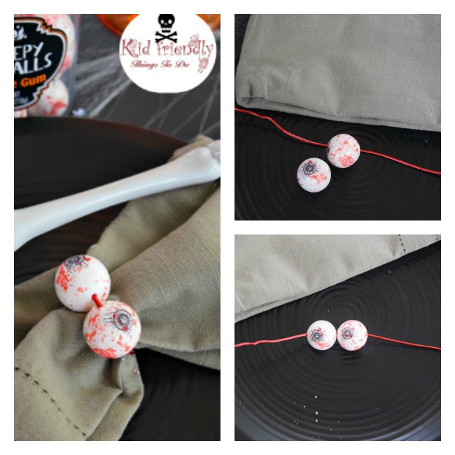 Easy DIY eyeball bubble gum napkin rings - a fun Halloween Party Table Decoration - www.kidfriendlythingstodo.com