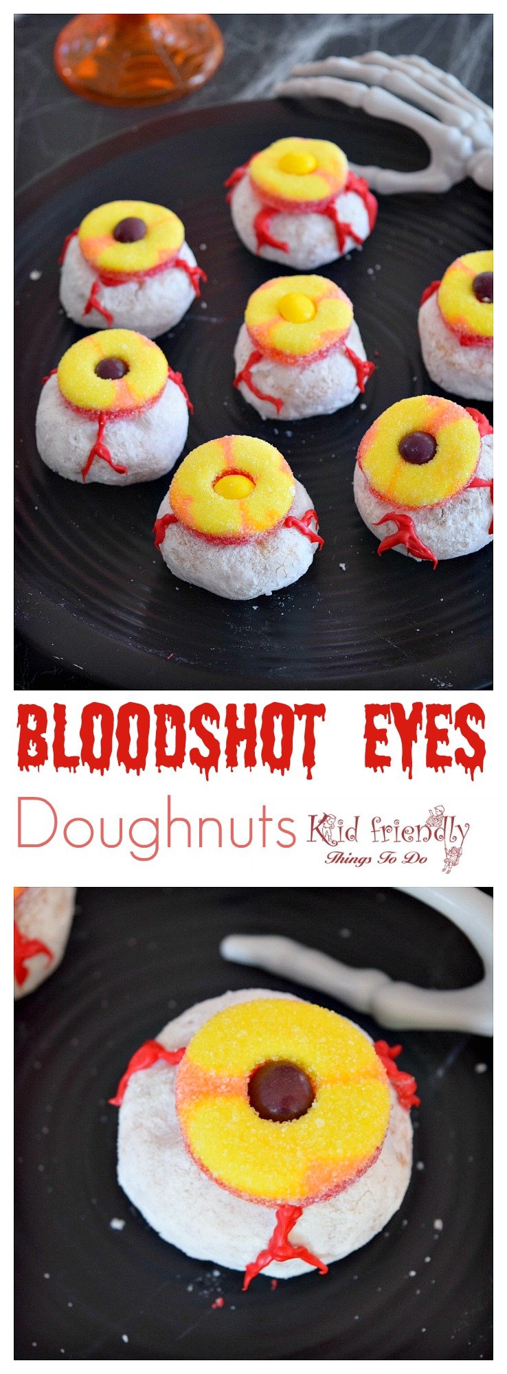 Creepy Bloodshot Eyeball Doughnut fun food for Halloween - These are a ton of fun and so easy to make! Make this fun treat for Halloween parties or a fun breakfast! www.kidfriendlythingstodo.com