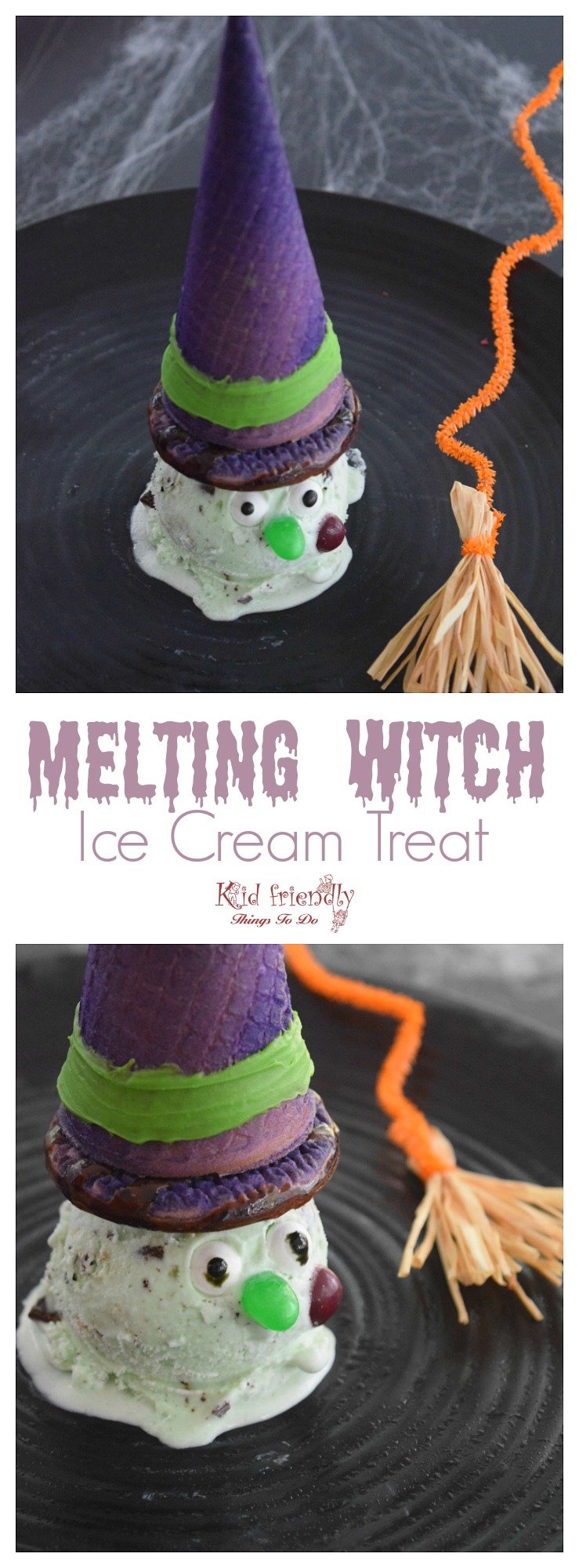 Melting Witch Ice Cream Treat For Kids on Halloween - Such a fun and simple to make Halloween Snack! A Perfect fun food treat or dessert for those Halloween parties! www.kidfriendlythingstodo.com