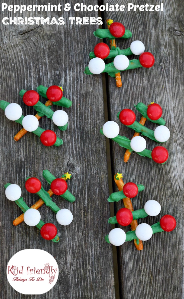 Simple and Rustic Peppermint and Chocolate Covered Pretzel Christmas Tree Treats! These are adorable and perfect for your Christmas party food addition! www.kidfriendlythingstodo.com