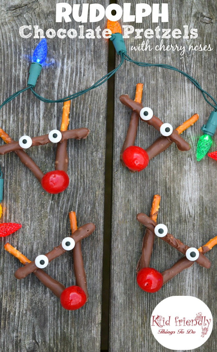 Rudolph Chocolate and Cherry Pretzel Treats for Christmas - easy to make. A fun treat for the kids and yummy for everyone! www.kidfriendlythings todo.com