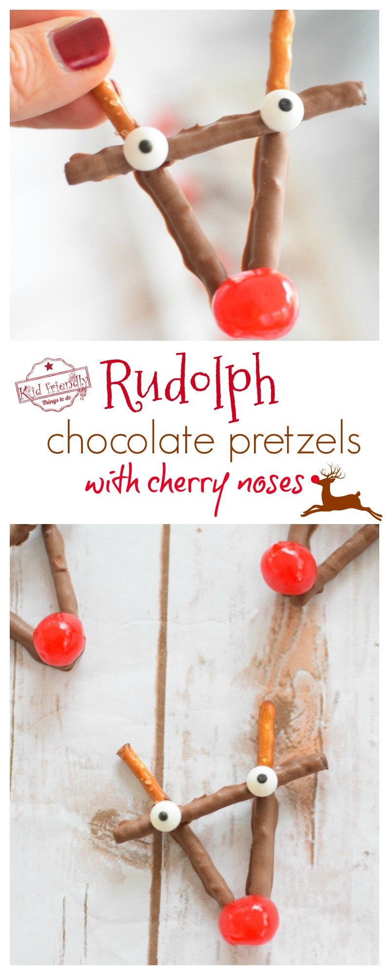 Rudolph Chocolate and Cherry Pretzel Treats for Christmas - easy to make. A fun red cherry nose Rudolph treat for the kids and yummy for everyone! www.kidfriendlythingstodo.com