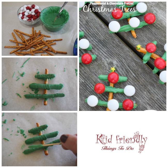 Simple and Rustic Peppermint and Chocolate Covered Pretzel Christmas Tree Treats! These are adorable and perfect for your Christmas party food addition! www.kidfriendlythingstodo.com