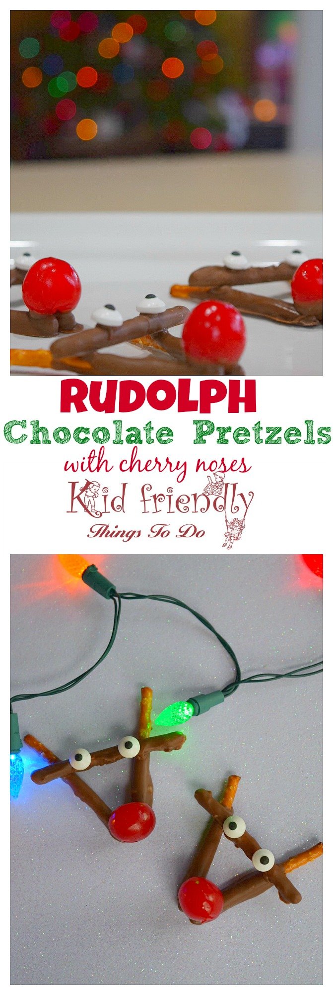 Rudolph Chocolate and Cherry Pretzel Treats for Christmas - easy to make. A fun treat for the kids and yummy for everyone! www.kidfriendlythings todo.com
