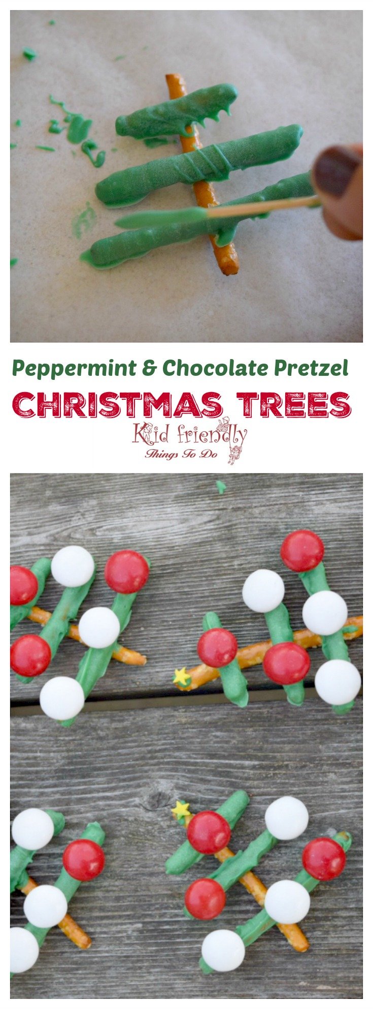 Simple and Rustic Peppermint and Chocolate Covered Pretzel Christmas Tree Treats! These are adorable and perfect for your Christmas party food addition! www.kidfriendlythingstodo.com