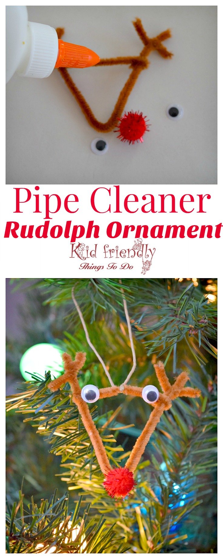 Easy DIY Pipe Cleaner Rudolph Ornament for Kids to Make - Perfect for preschool, and school Christmas Party Craft!   www.kidfriendlythingstodo.com